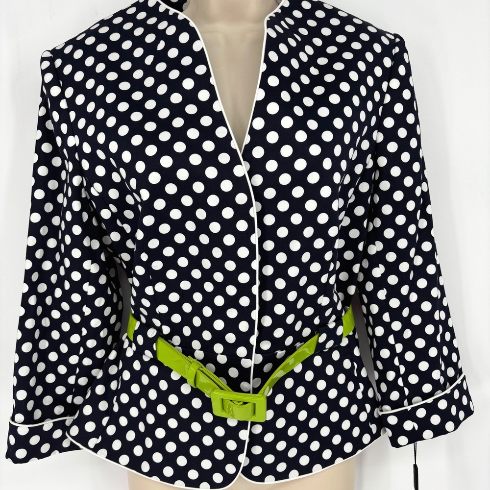 Tahari Arthur S Levine Navy White Polka Dot Belted Blazer Lime Green Accents 10